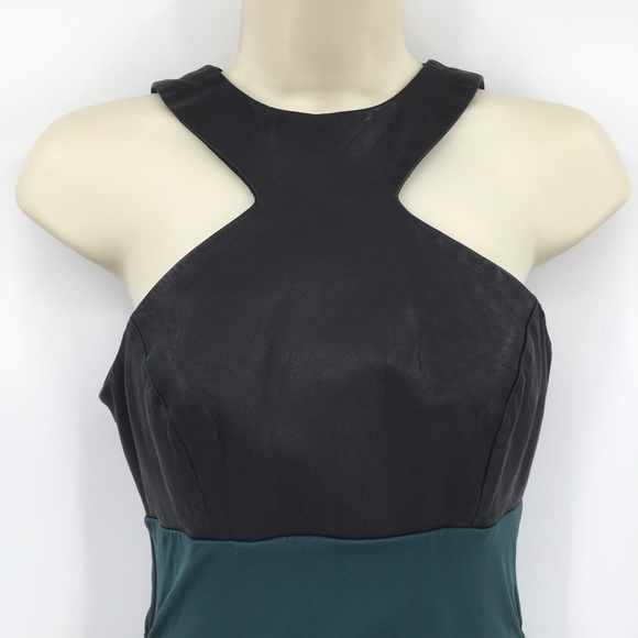 La Pina black leather halter green jersey dress bodycon ruched mini Small - Picture 2 of 5